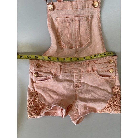 Justice Overalls Shorts Denim Lightly Distressed Peach Color buckles Girls 8 - Picture 6 of 13